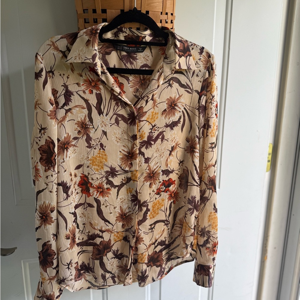 Zara Cream and Brown Floral Button Down Shirt